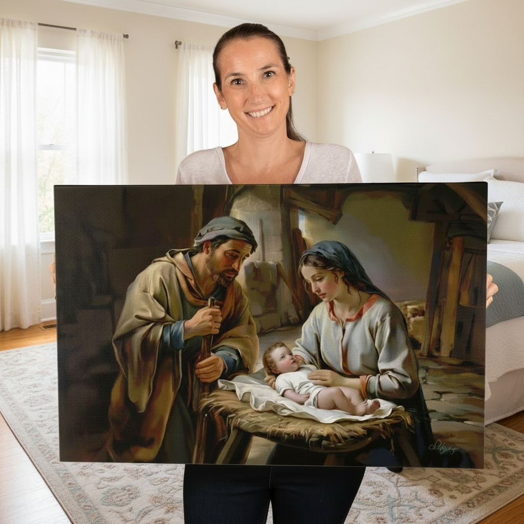 The Nativity scene of Baby Jesus, Mary and Joseph in a stable - Christian Art Canvas