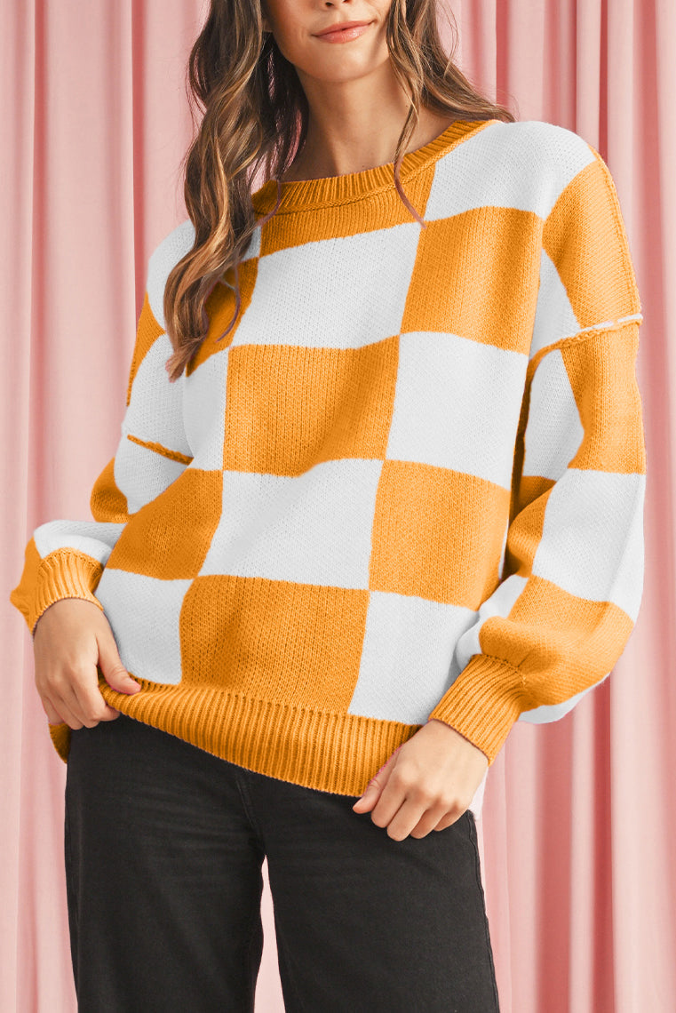 Dark Brown Plaid Bishop Sleeve Pullover Sweater