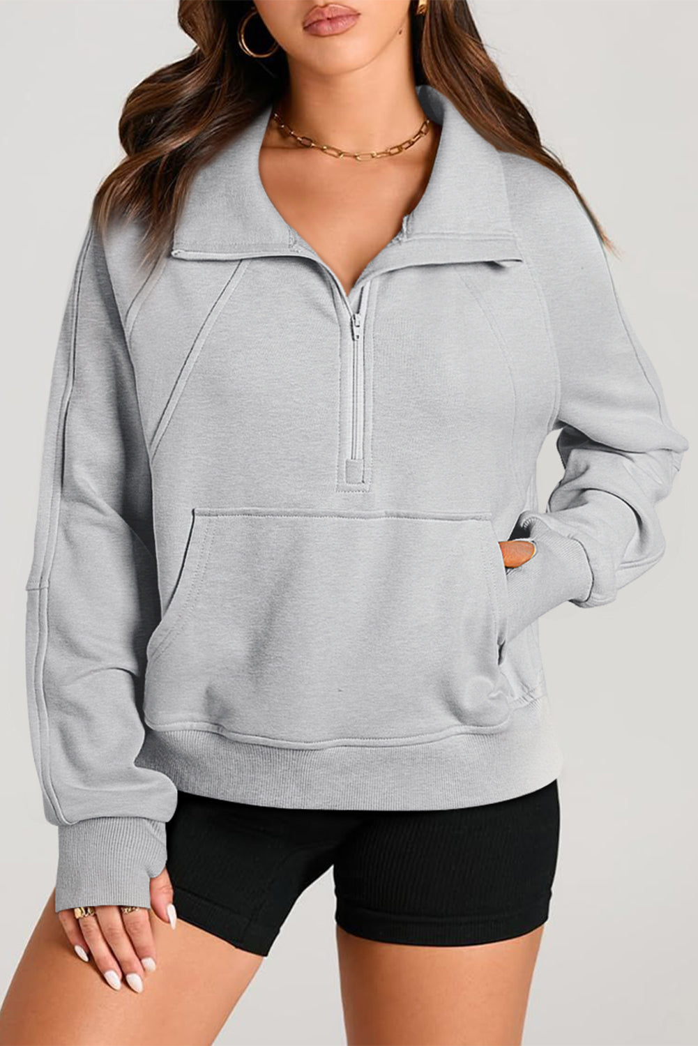 Smoke Green Quarter Zip Stand Neck Kangaroo Pocket Sweatshirt