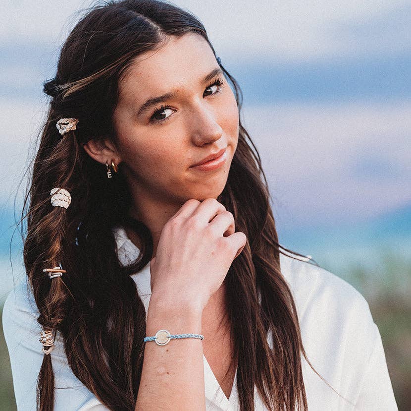 "Wonder" Soft Creams and Blues with Pearls and Gold Hair Tie Bracelets