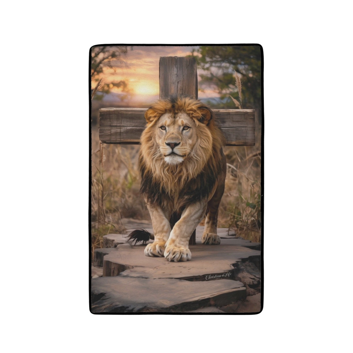 Lion of Judah, Rock and Cross - Area Rug with Black Binding 31"x20"