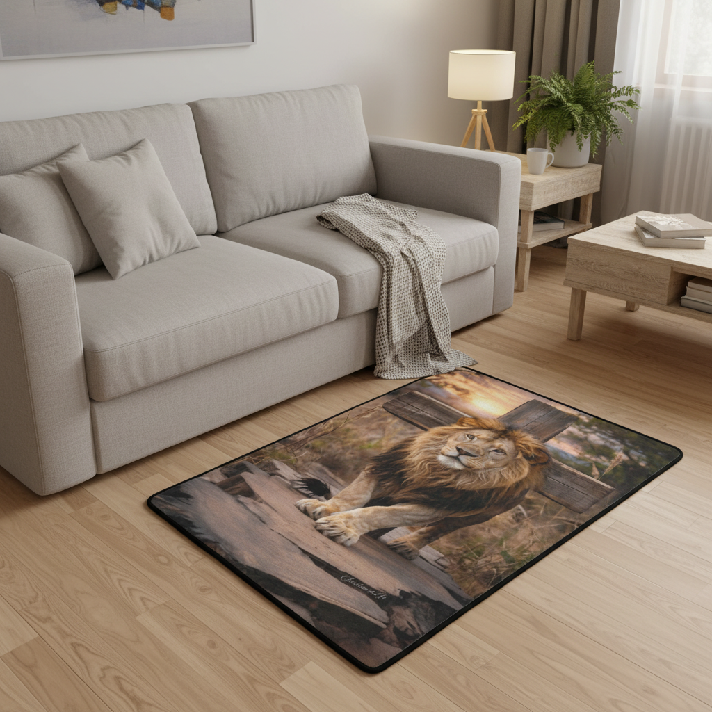 Lion of Judah, Rock and Cross - Area Rug with Black Binding 31"x20"