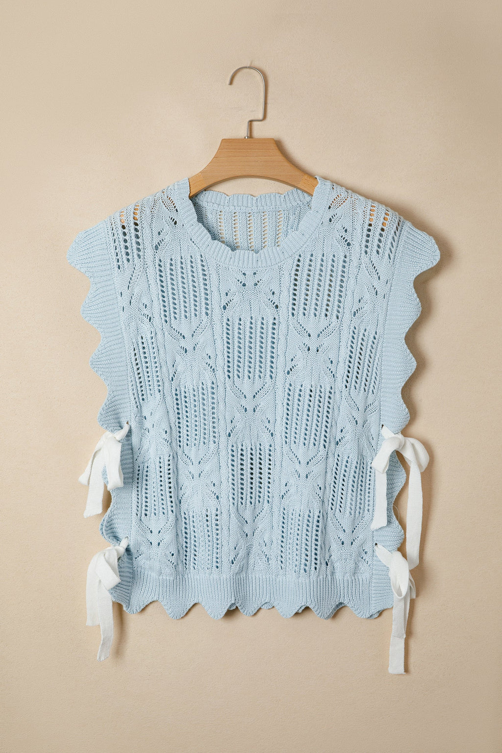 Mint Green Pointelle Knit Patterned Scalloped Trim Short Sleeve Sweater
