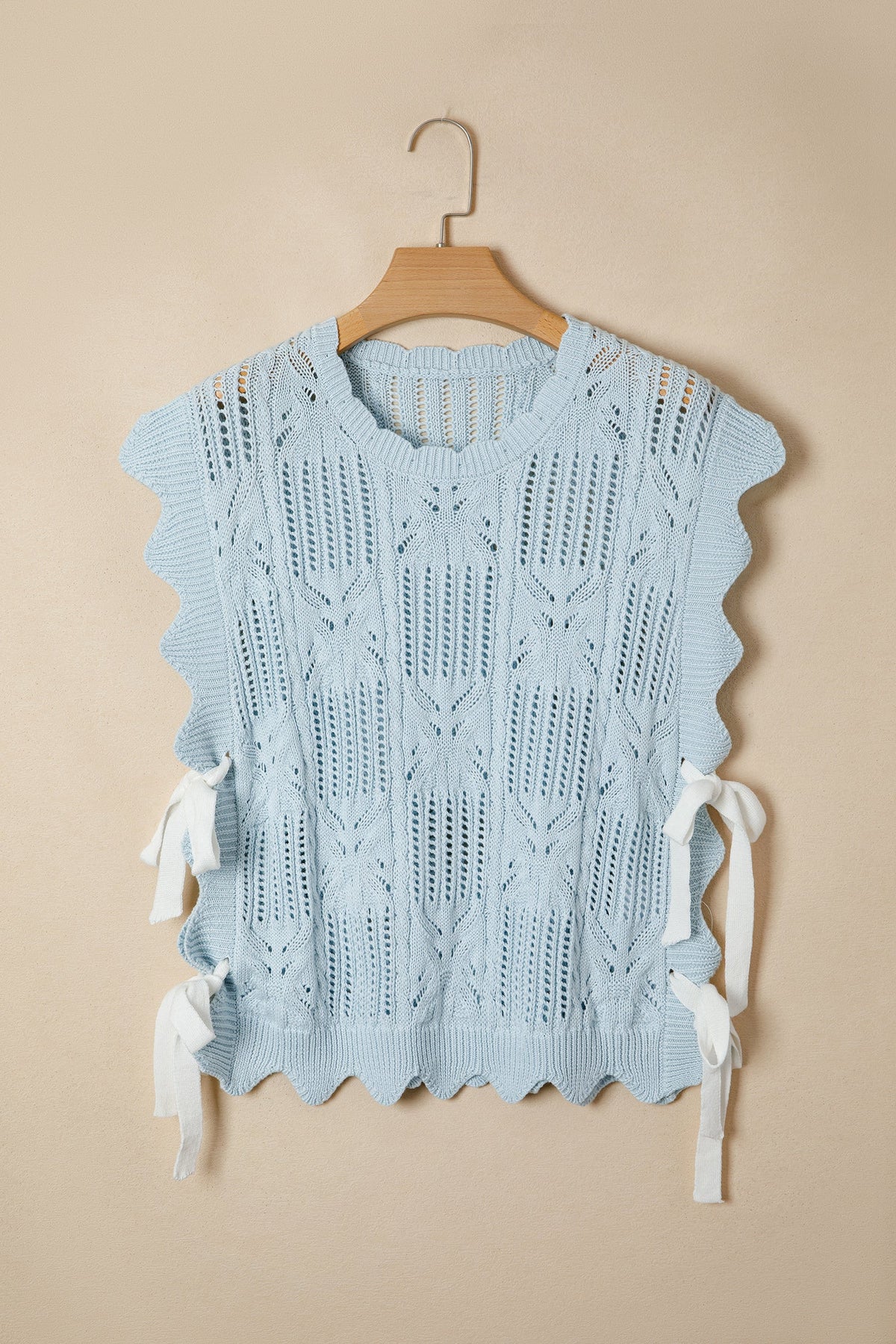 Mint Green Pointelle Knit Patterned Scalloped Trim Short Sleeve Sweater