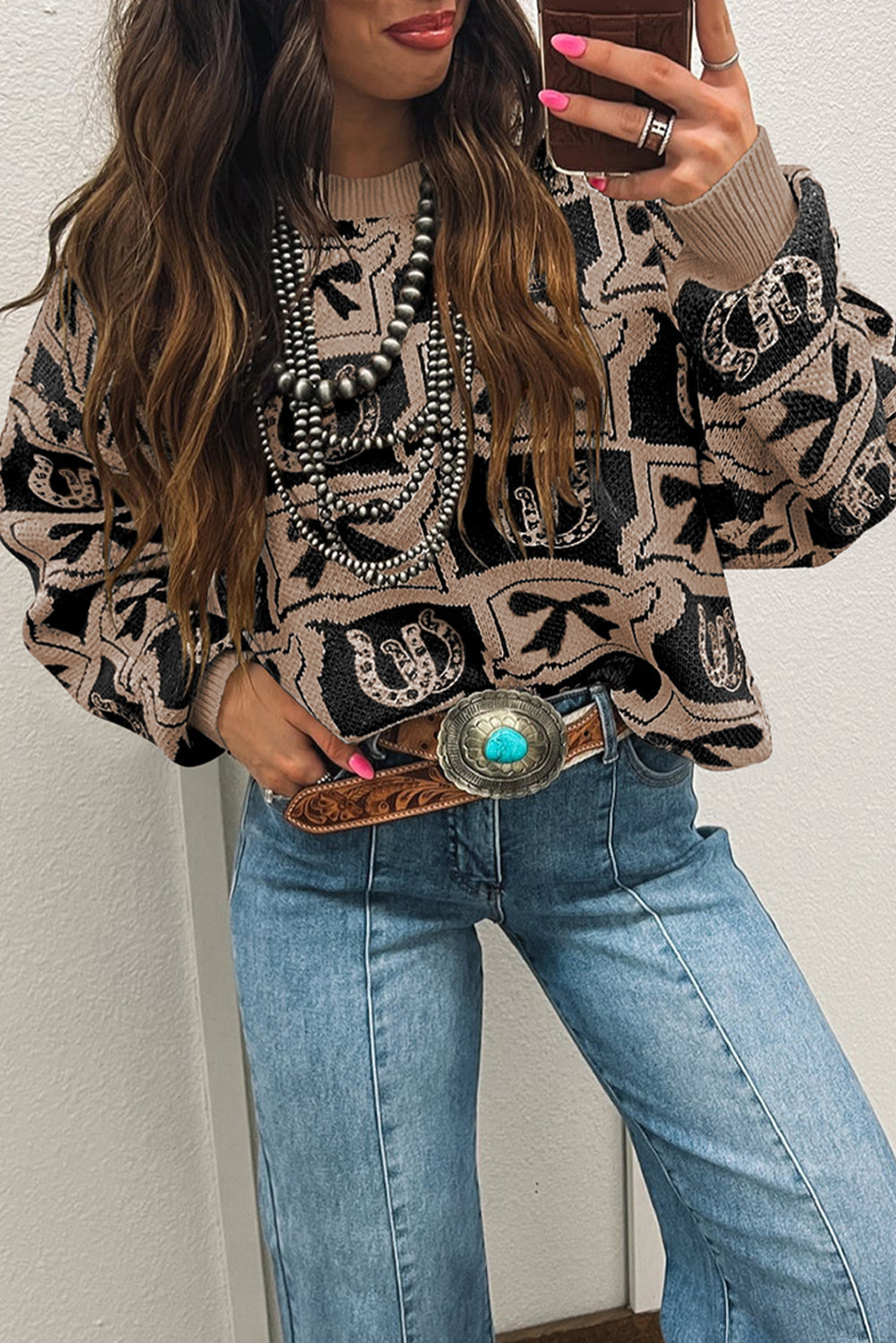 Brown Colorblock Bow Pattern Drop Sleeve Sweater
