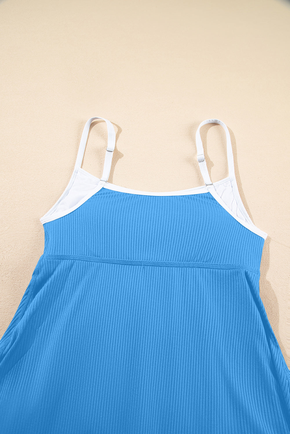 Bright Pink Color Block Edge Ribbed Pocketed Lined Swim Dress