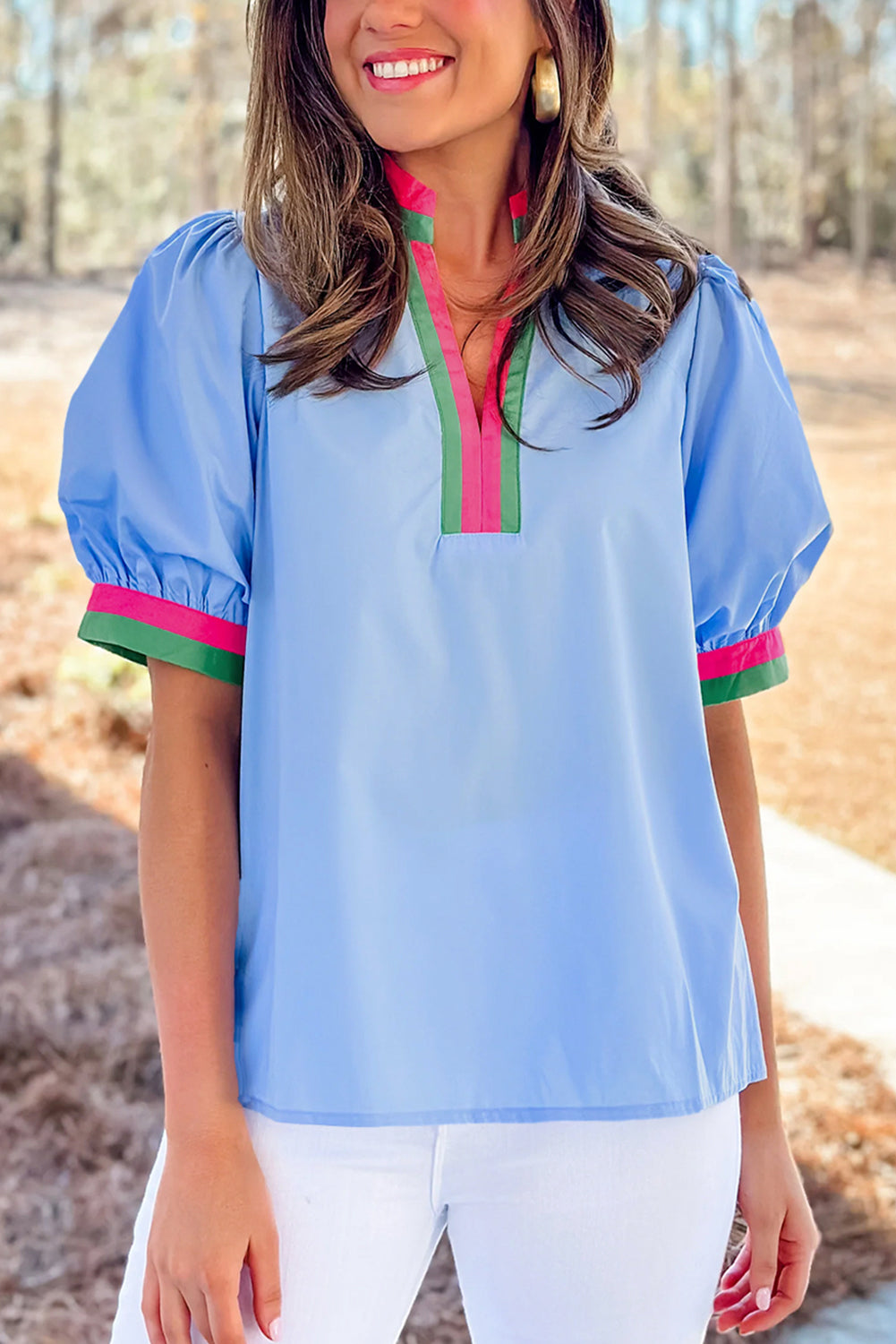 Sky Blue Puff Sleeve Pop of Color Neckline Blouse