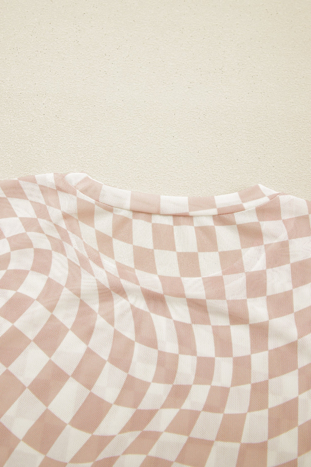 Khaki Checkered Print Mock Neck Mesh T Shirt