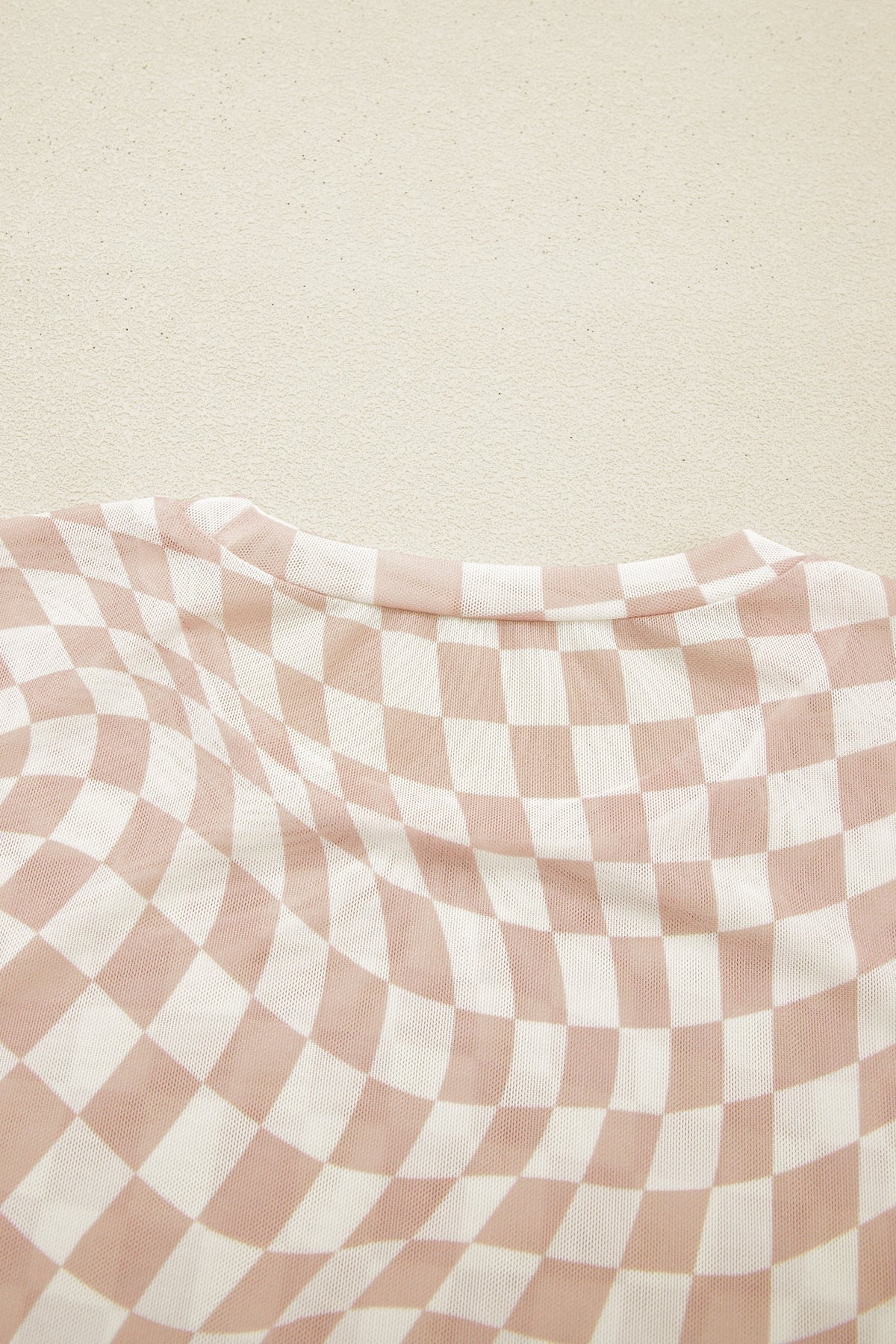 Khaki Checkered Print Mock Neck Mesh T Shirt