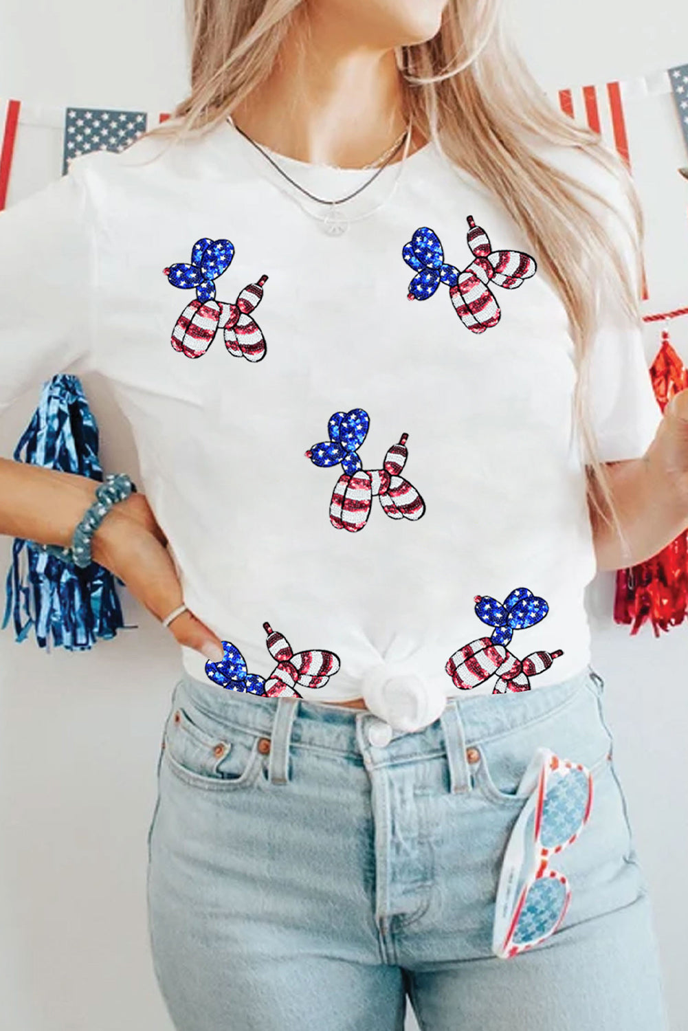 Black Patriotic Sequin Balloon Puppy Graphic Crewneck Tee
