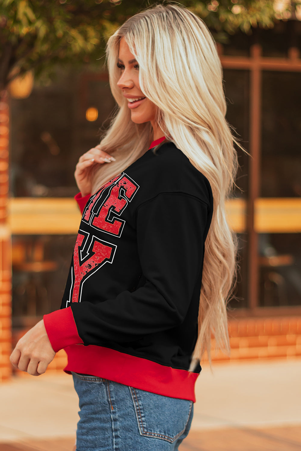White GAME DAY Letter Graphic Varsity Striped Detail Baggy Sweatshirt