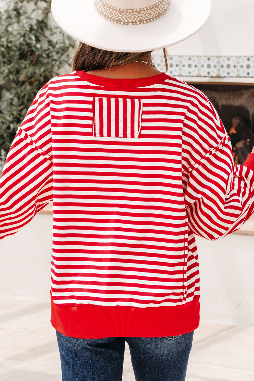 Black Stripe Exposed Seam Drop Shoulder Casual Pullover Top