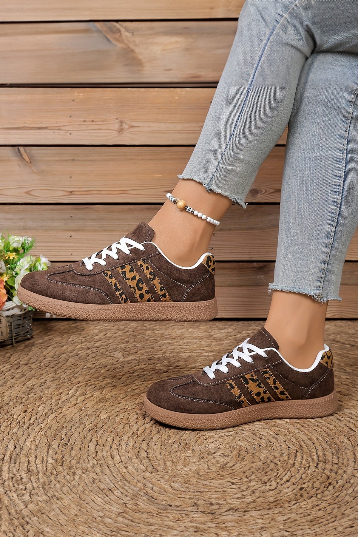 Coffee Contrast Lace-up Leopard Patchwork Detail Faux Suede Shoes