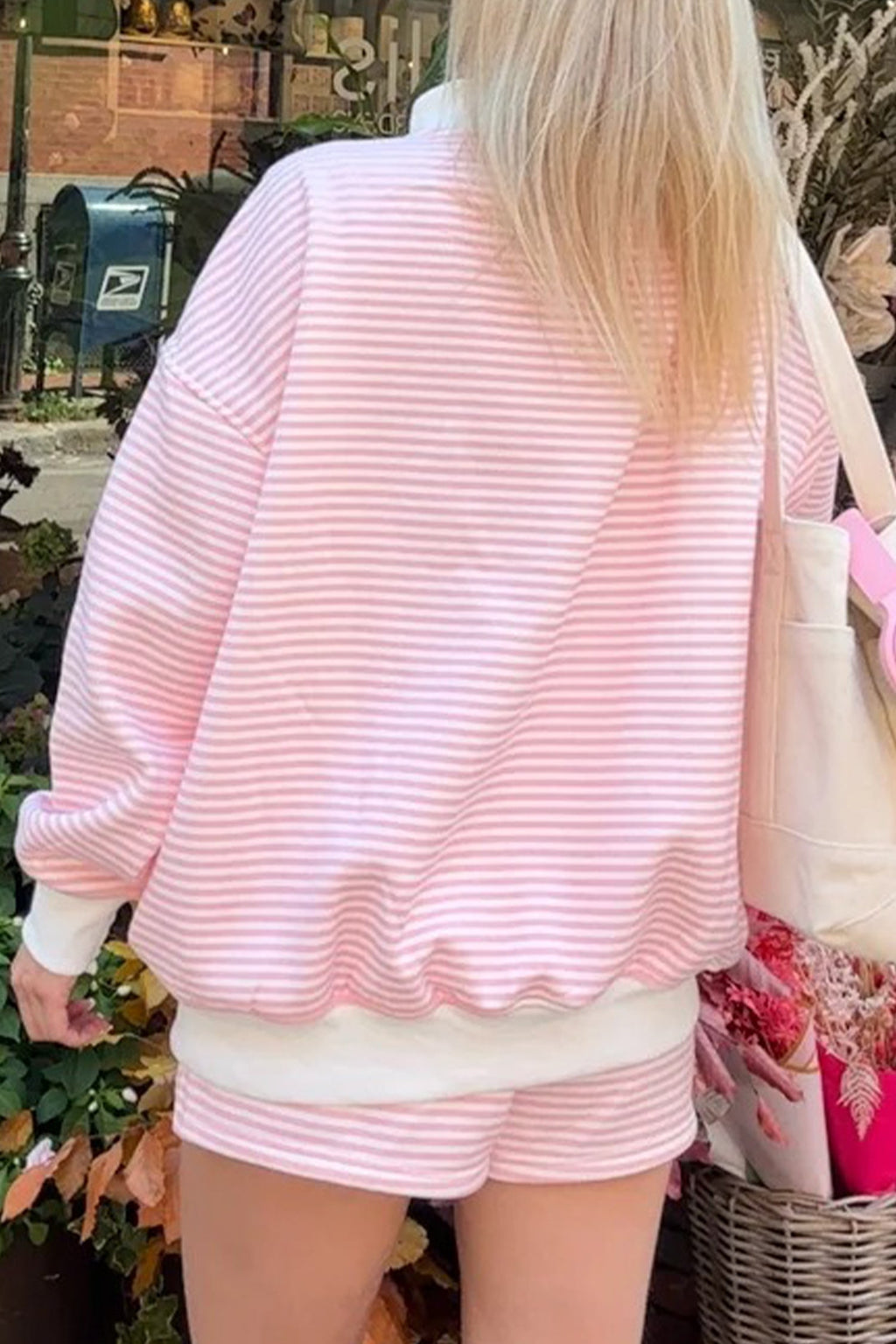 Pink Stripe Oversize Mock Neck Sweatshirt and Shorts Set