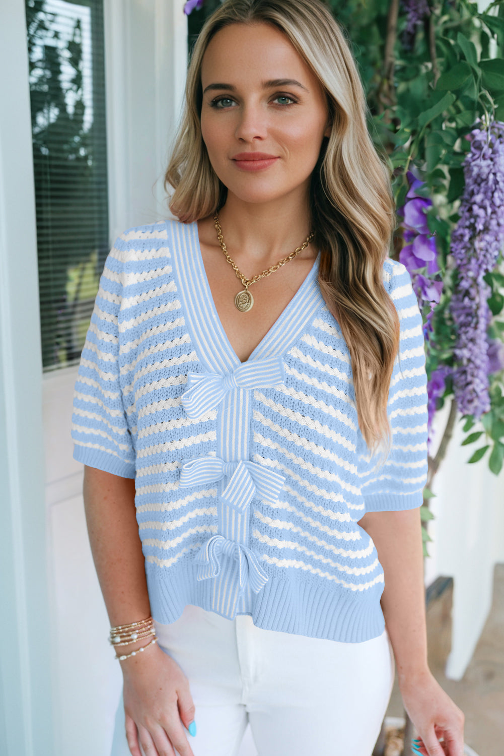 Green Stripe Short Sleeve Knit V Neck Bow Knot Sweater