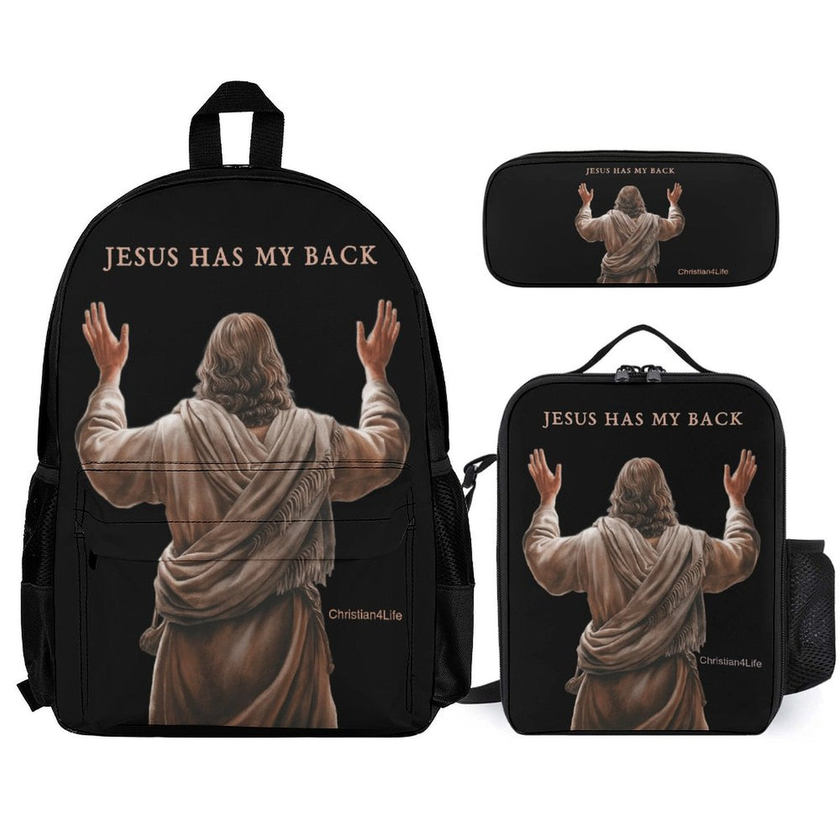 Jesus Has My Back - Three piece set combination Backpack, Lunch Bag and Small Case
