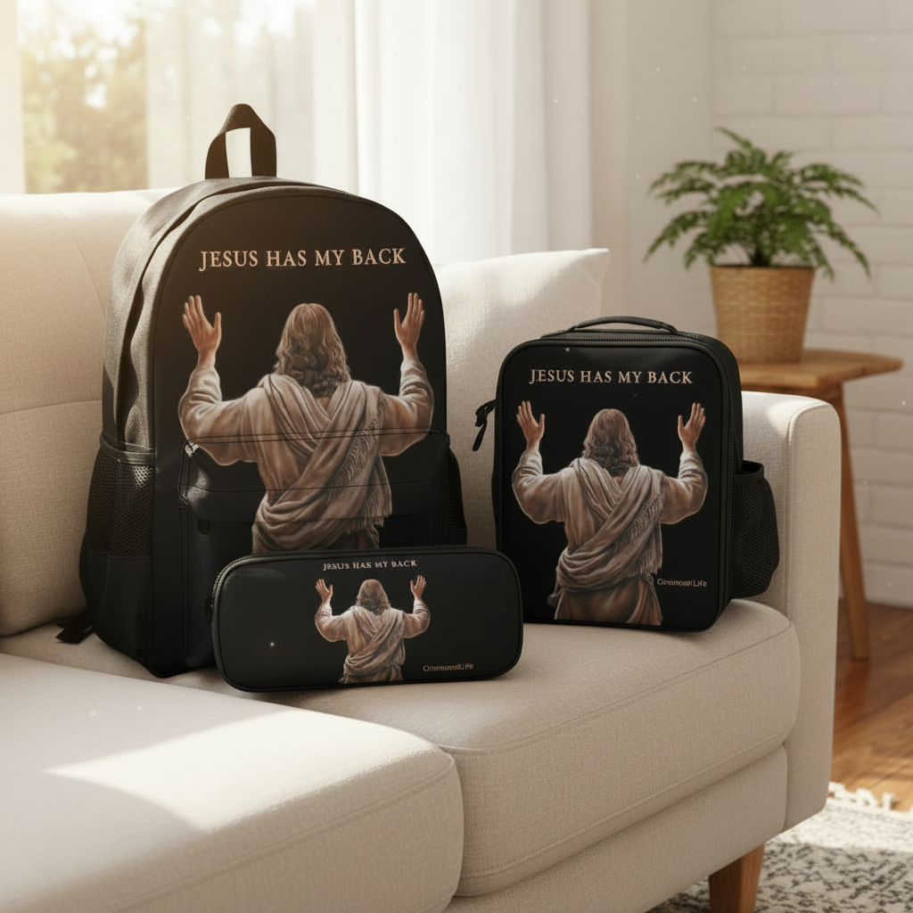 Jesus Has My Back - Three piece set combination Backpack, Lunch Bag and Small Case