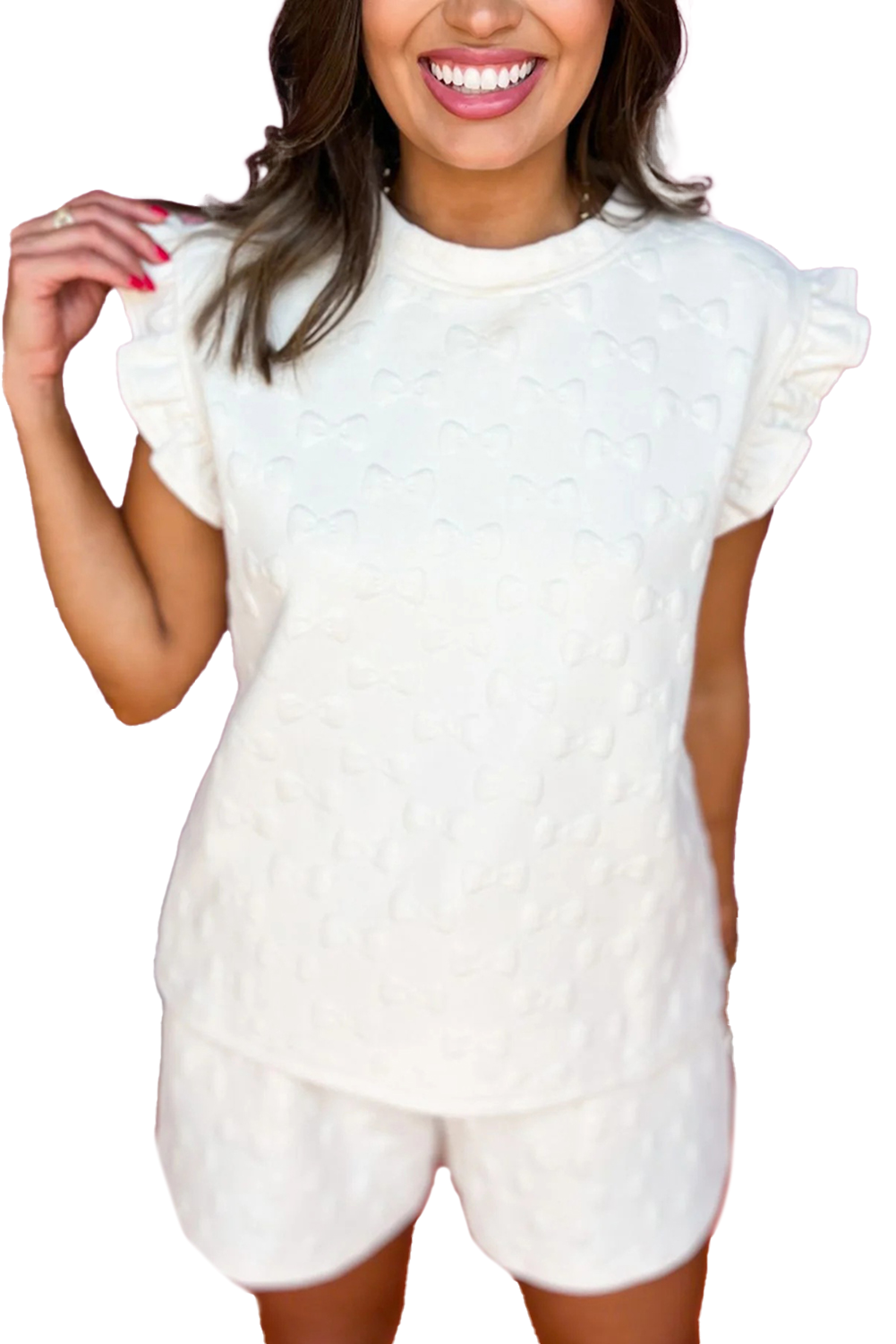 White Plain Bow Jacquard Ruffle Sleeve Shorts Set