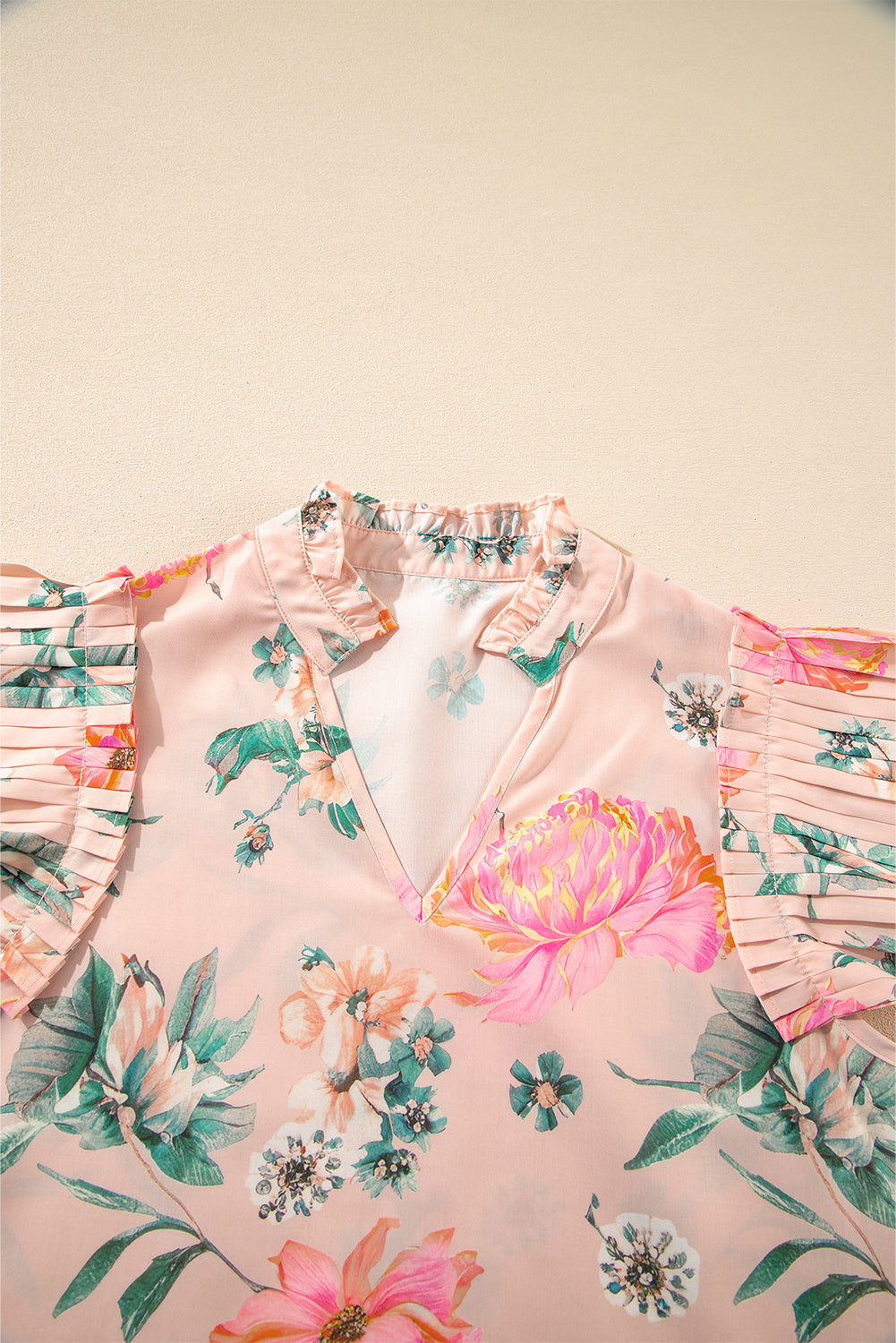 Pink Floral Print Frill V Neck Pleated Sleeve Blouse
