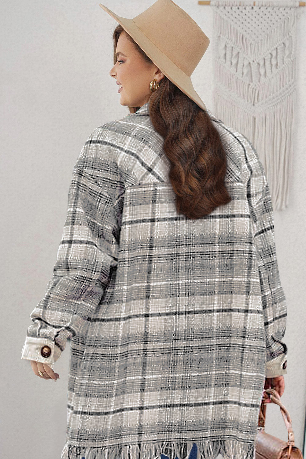 Black Plus Size Macrame Plaid Coat