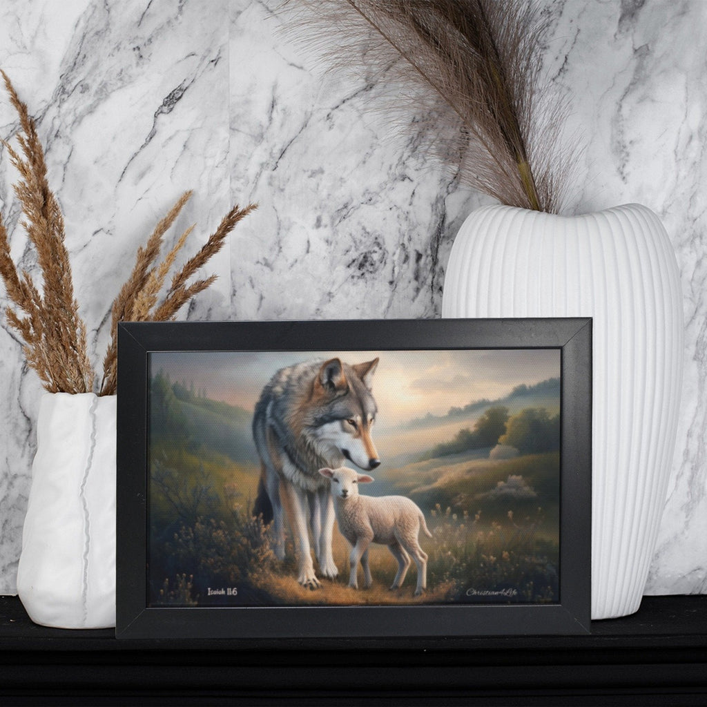 Framed- Wolf and Lamb, Christian Wall Art, Black Framed Canvas Print, Isaiah 11:6
