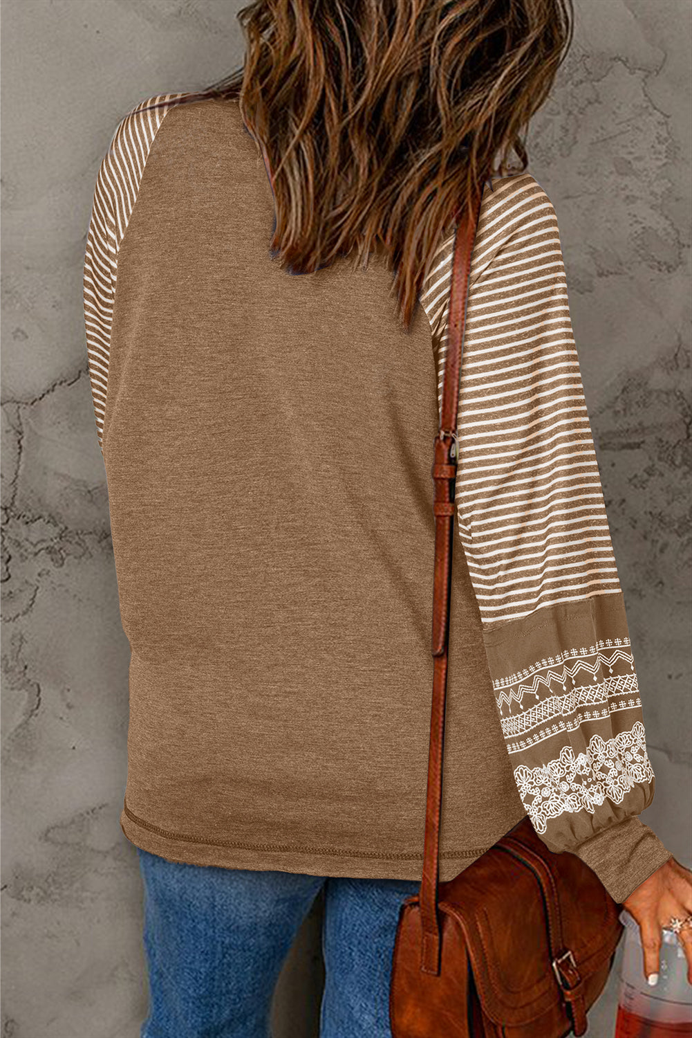 Tillandsia Purple Contrast Print Striped Raglan Long Sleeve Loose Top