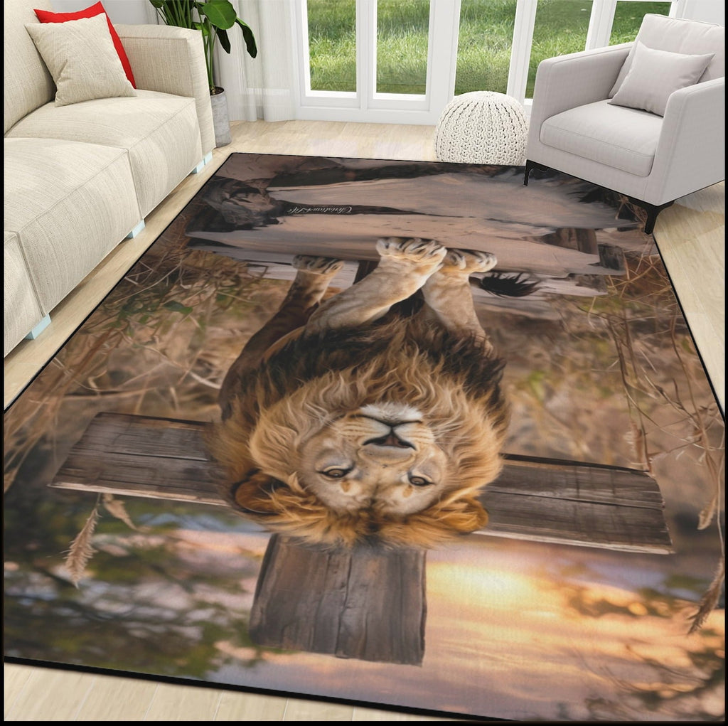 Lion of Judah, rock and cross Area Rug with Black Binding 84"x60"