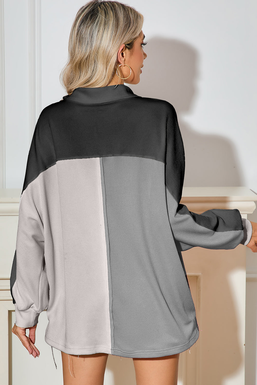 Gray Colorblock Patchwork Ribbed Oversized Henley Sweatshirt