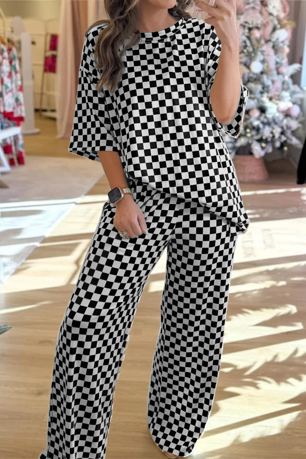 Rose Checkered Print Half Sleeve Tee 2pcs Lounge Pant Set