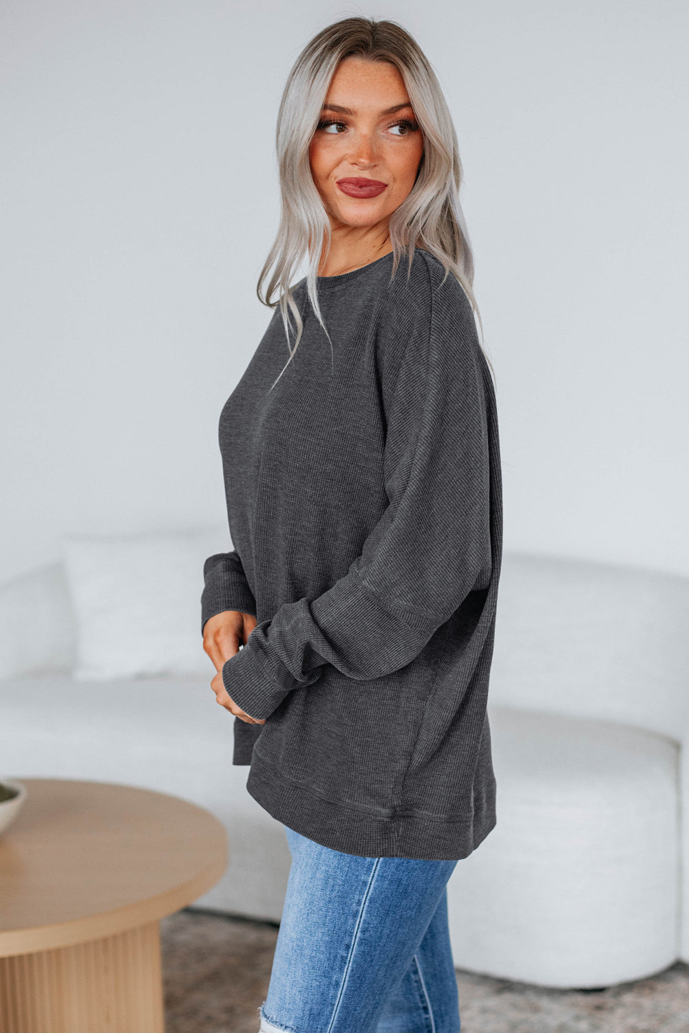 Dark Grey Waffle Knit Patchwork Long Sleeve Loose Top