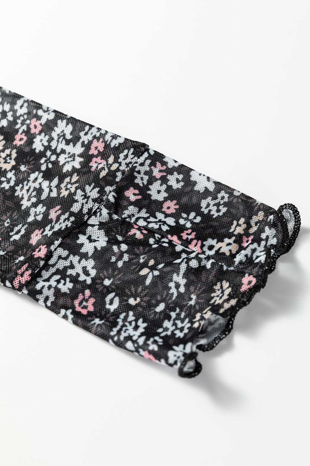 Black Ditsy Floral Mesh Thumbhole Sleeve Slim Fit Top