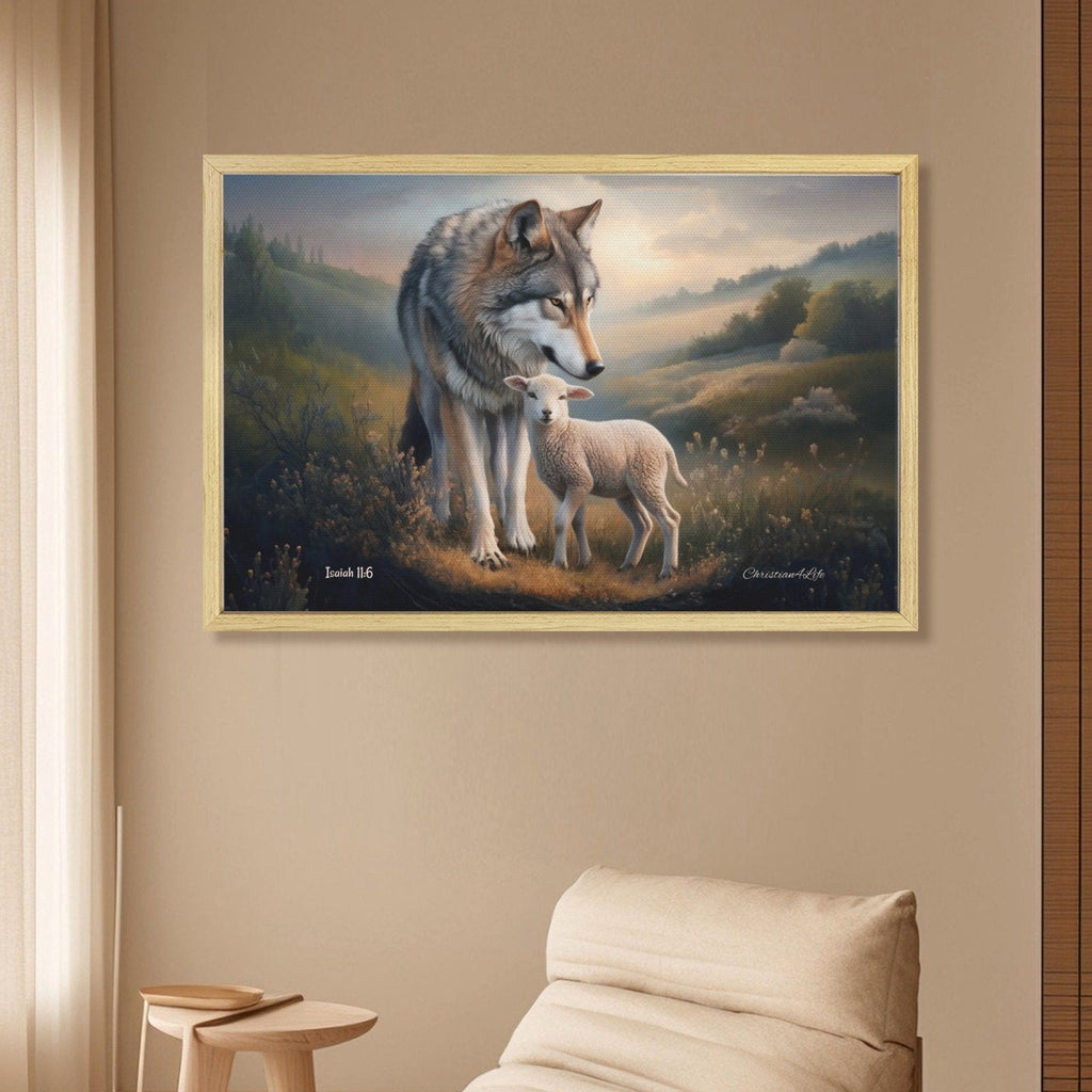 Framed - Wolf and Lamb Christian Canvas, Wooden Frame