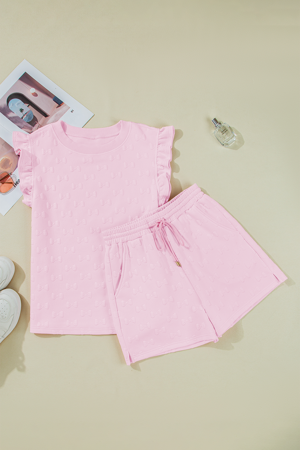 White Plain Bow Jacquard Ruffle Sleeve Shorts Set