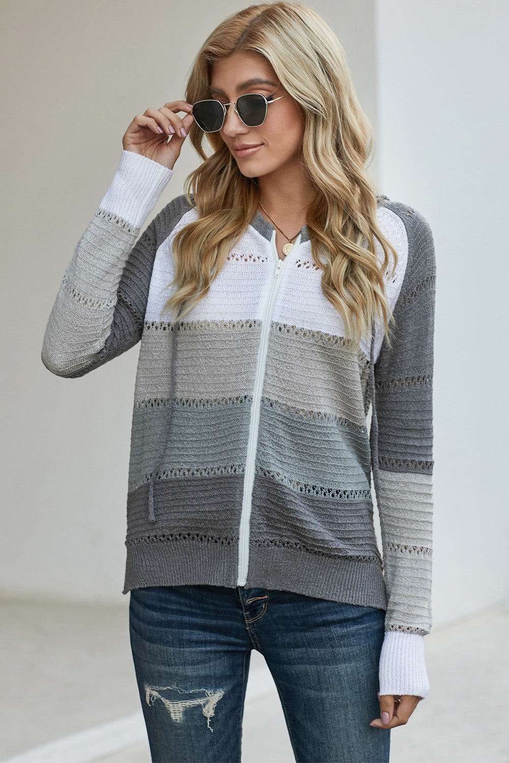 Multicolor Zipped Front Colorblock Hollow-out Knit Hoodie