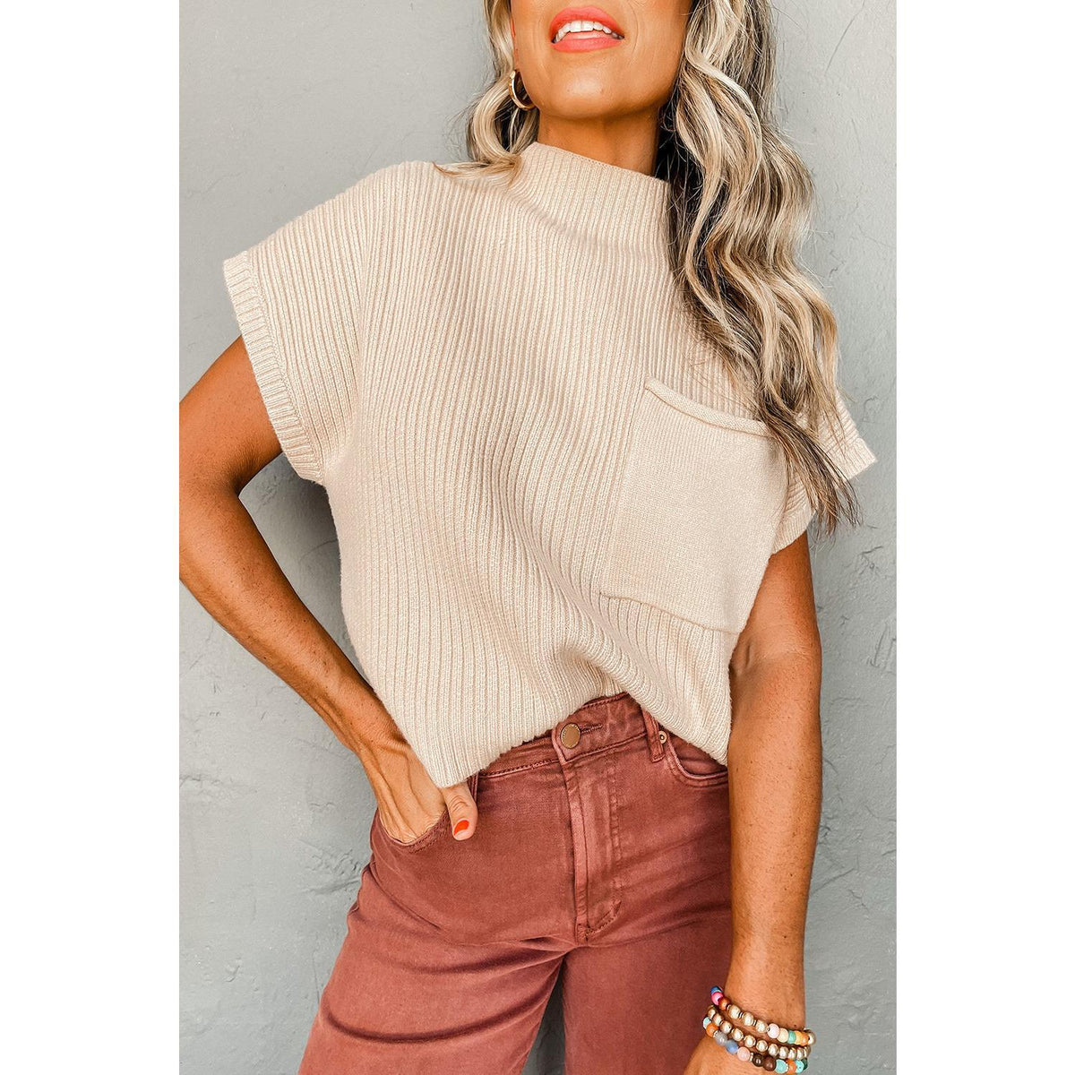 Oatmeal Patch Pocket Ribbed Knit Short Sleeve Sweater Knitwear Womenswear