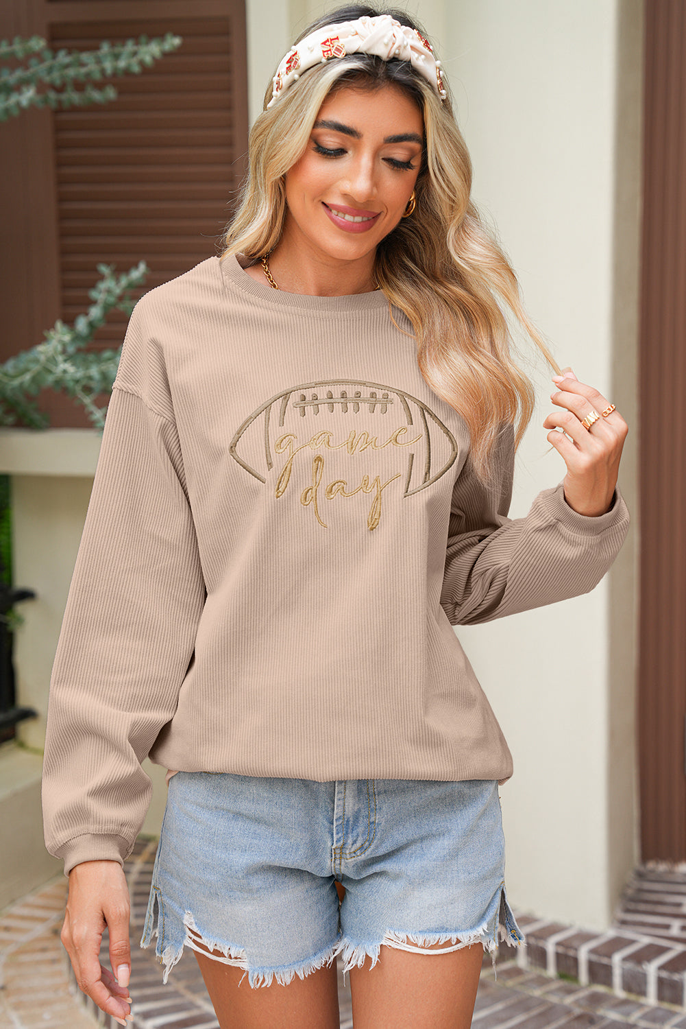 Black Football Graphic Game Day Embroidered Corded Sweatshirt