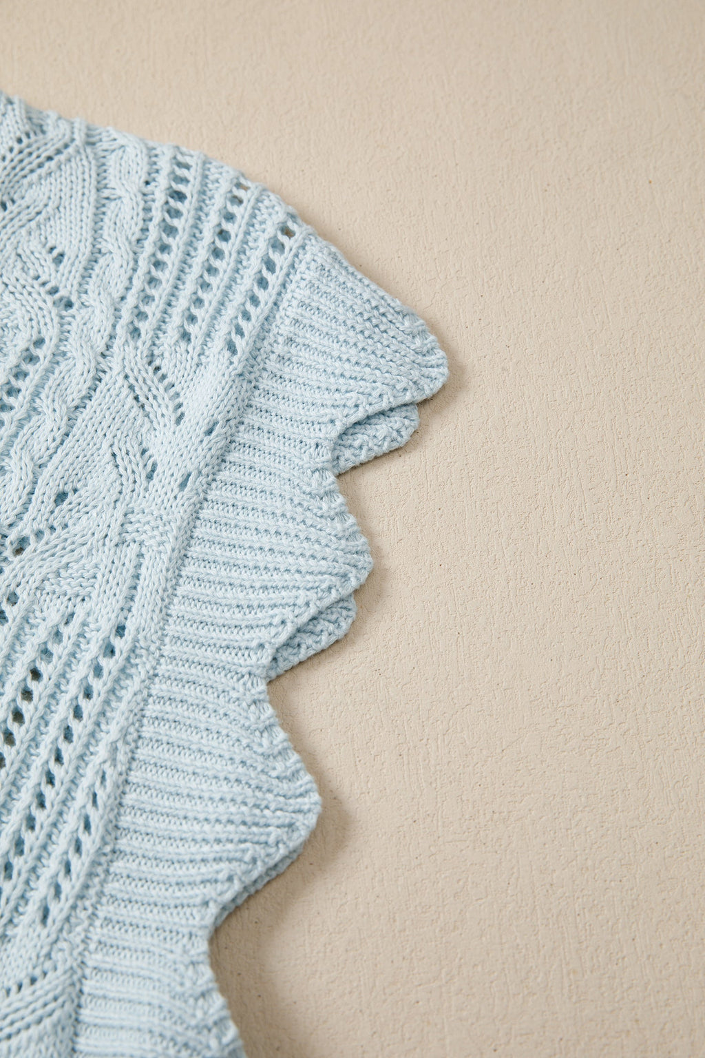 Mint Green Pointelle Knit Patterned Scalloped Trim Short Sleeve Sweater