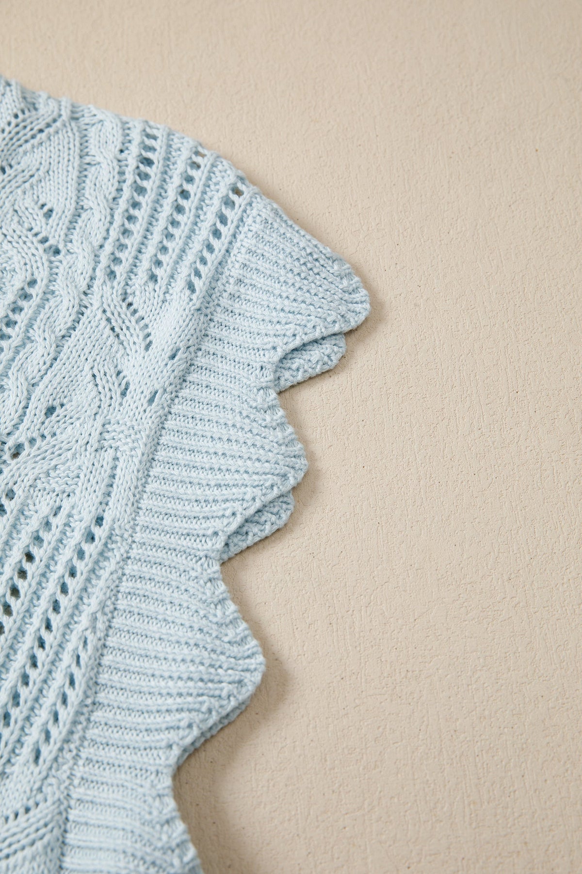 Mint Green Pointelle Knit Patterned Scalloped Trim Short Sleeve Sweater