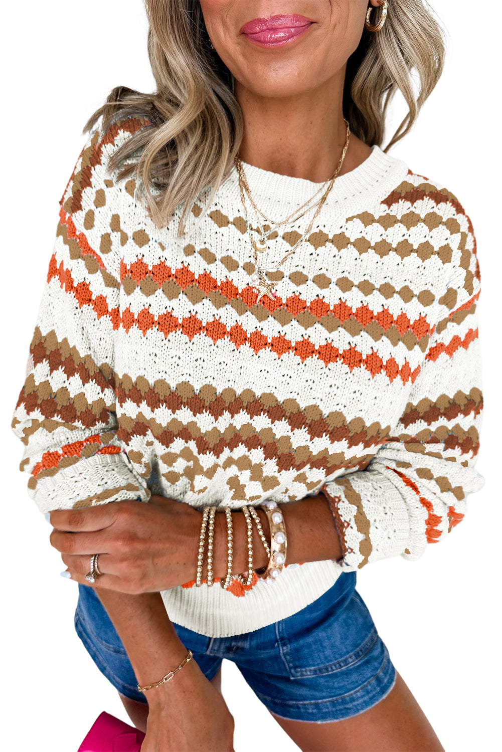 Khaki Striped Eyelet Pattern Drop Shoulder Sweater