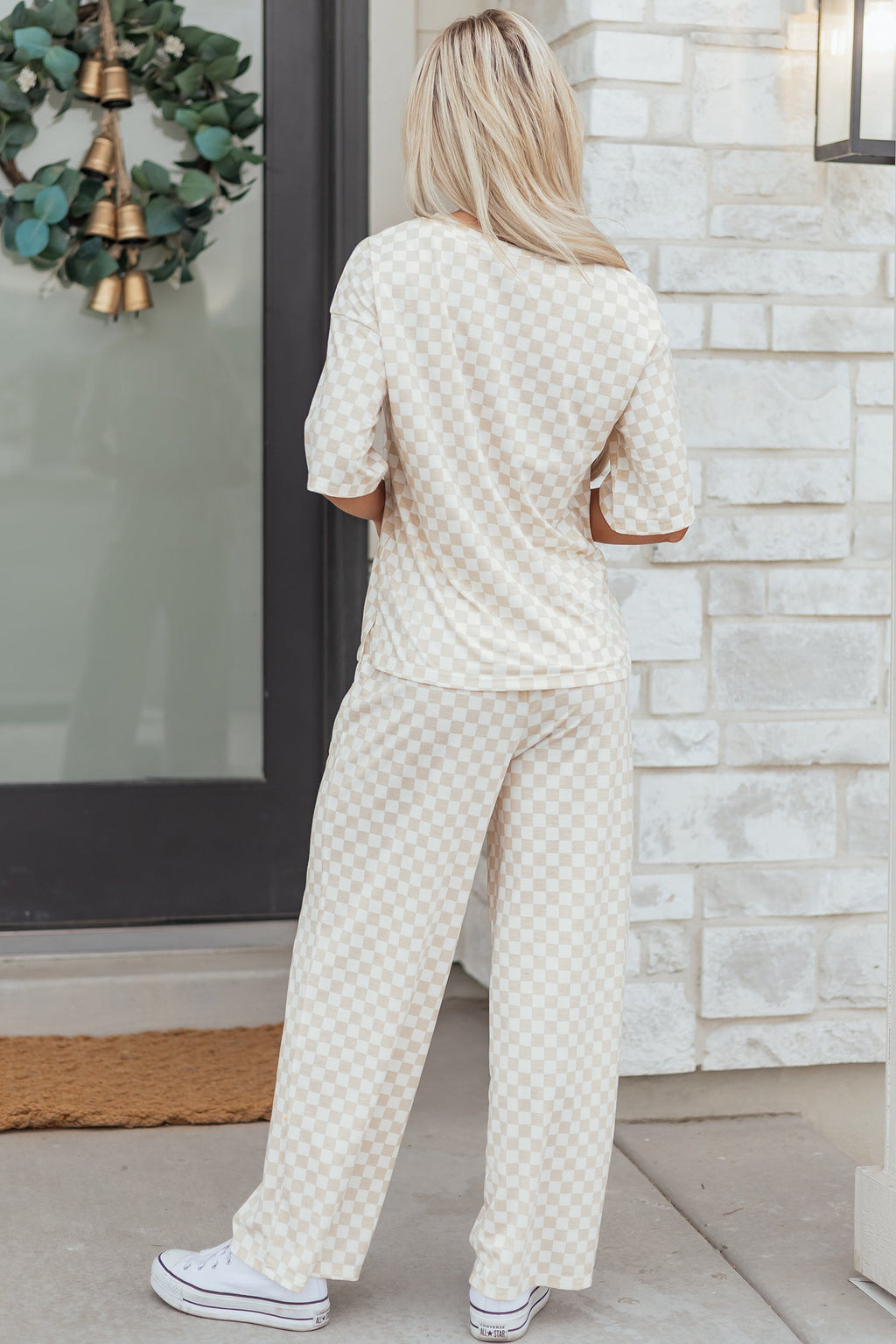 Rose Checkered Print Half Sleeve Tee 2pcs Lounge Pant Set