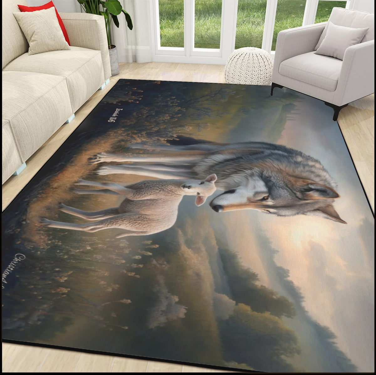 Wolf and Lamb Area Rug — Isaiah 11:6 Christian Rug with Black Binding 84" x 60"