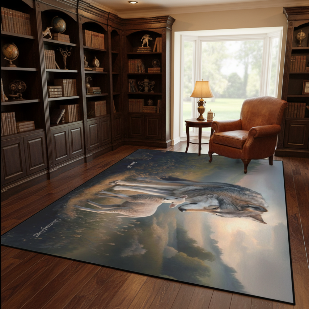 Wolf and Lamb Area Rug — Isaiah 11:6 Christian Rug with Black Binding 84" x 60"