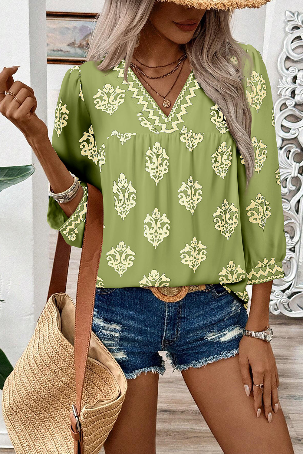 Green Damask Floral Print Contrast V Neck 3/4 Sleeve Blouse