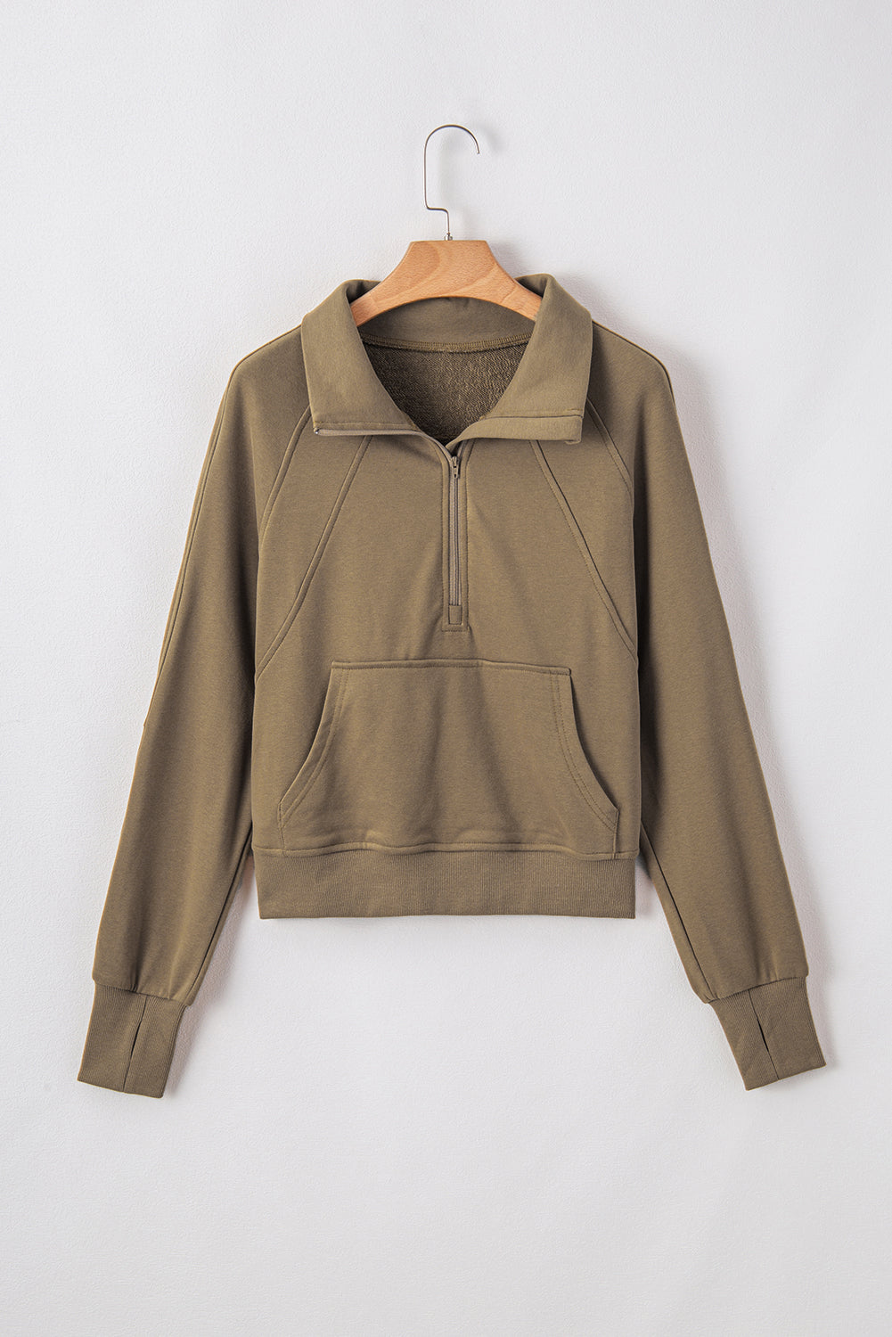 Smoke Green Quarter Zip Stand Neck Kangaroo Pocket Sweatshirt