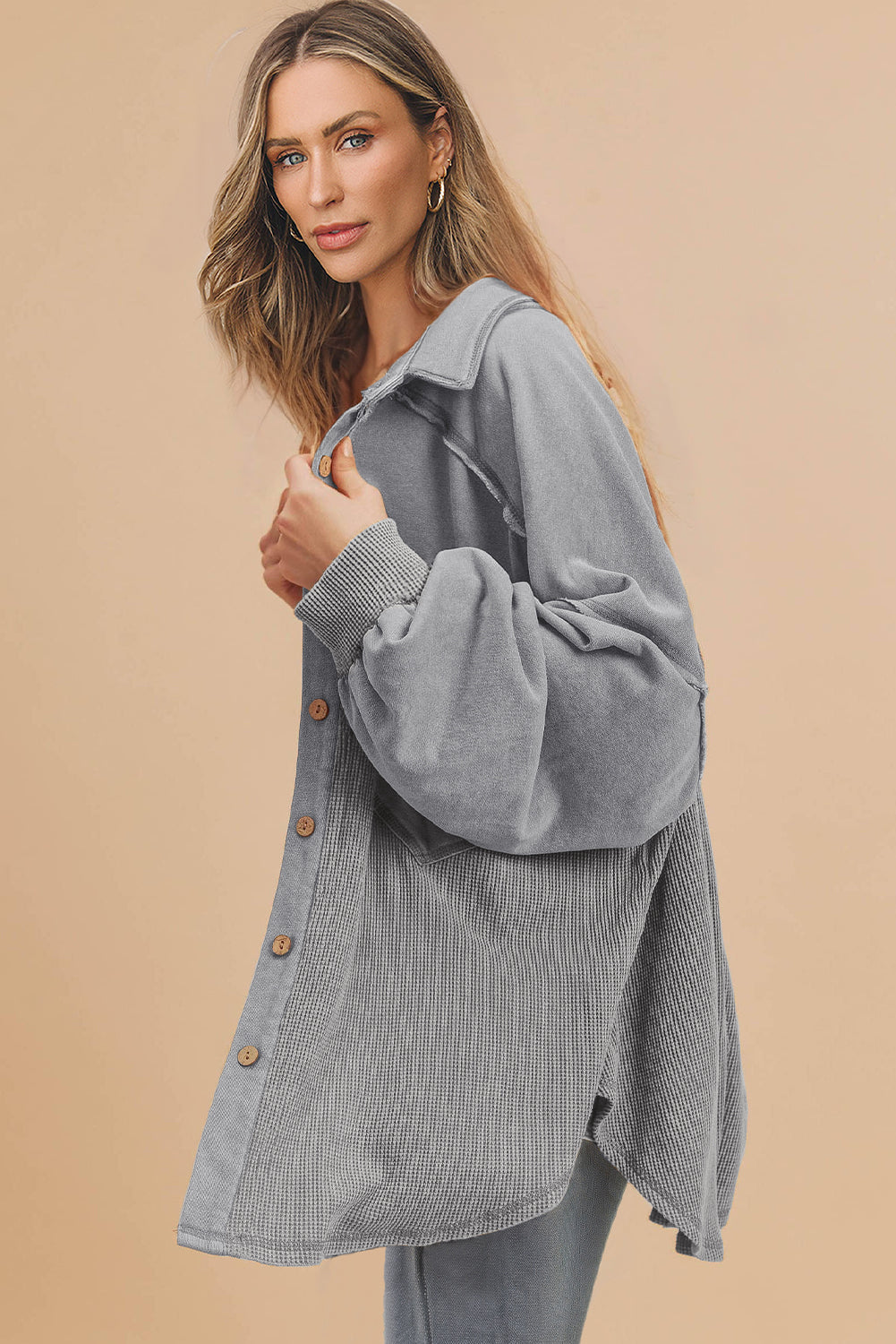 Black Waffle Knit Patchwork Exposed Seam Loose Shacket