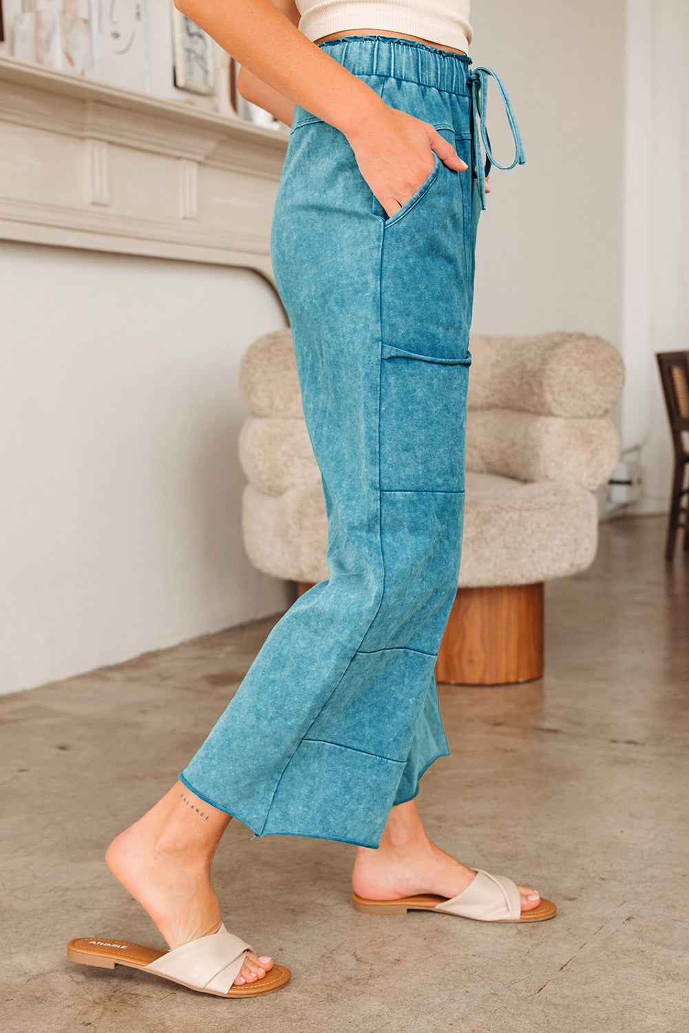 Medium Grey Mineral Wash Lace-up High Waist Raw Hem Patched Pocket Pants