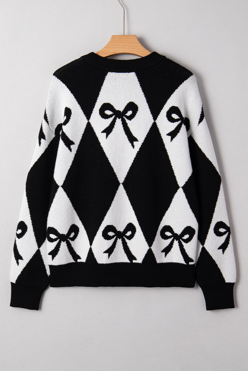 Red Bow Print 2-tone Rhombus Knit Loose Sweater
