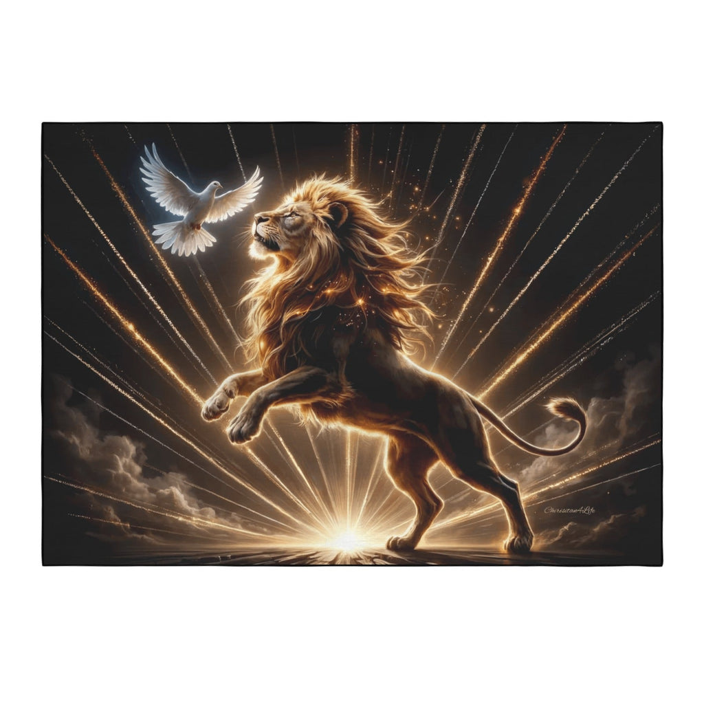 Lion of Judah and the Holy Spirit Area Rug with Golden Rays -Black Binding 84"x60"