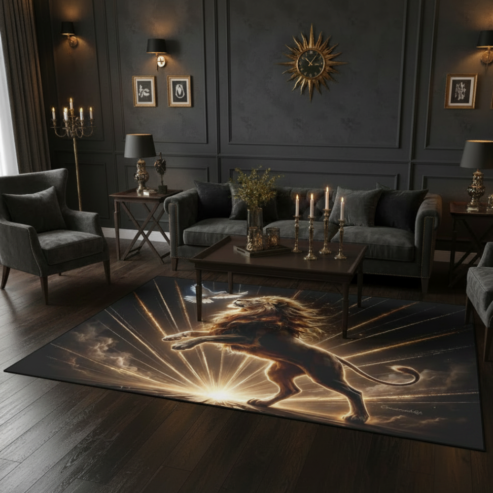 Lion of Judah and the Holy Spirit Area Rug with Golden Rays -Black Binding 84"x60"
