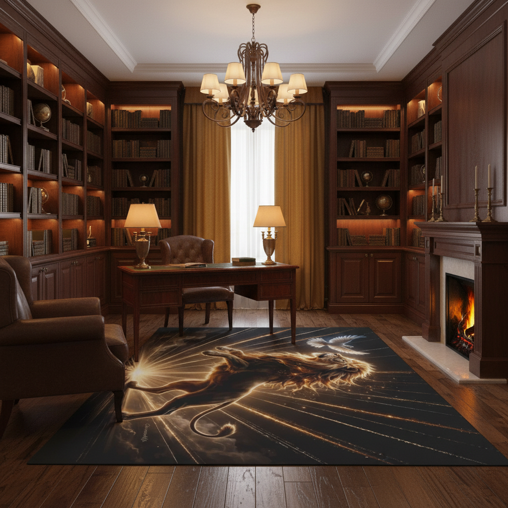 Lion of Judah and the Holy Spirit Area Rug with Golden Rays -Black Binding 84"x60"